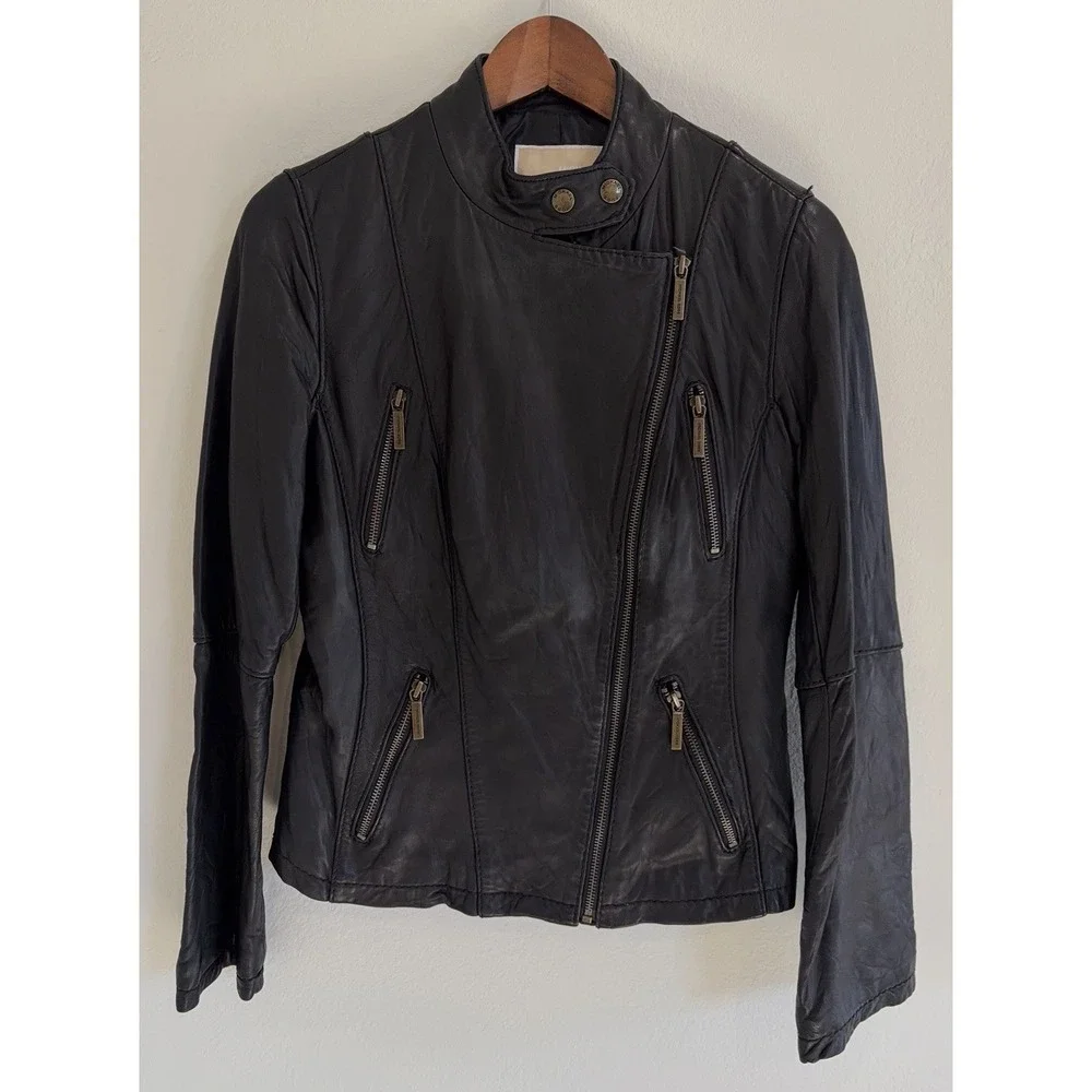 Michael Kors Lambskin Leather Moto Jacket Womens Black Biker Asymmetrical Medium